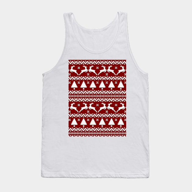 Large Dark Christmas Candy Apple Red Nordic Reindeer Stripe in White Tank Top by podartist